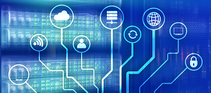 Digital network concept with glowing icons representing cloud, user, server, globe, and security over a server rack background.